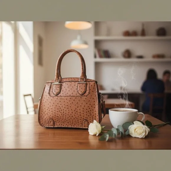 London Fog Brown Ostrich-Embossed Satchel Bag, often named "Lark" - Picture 12 of 12